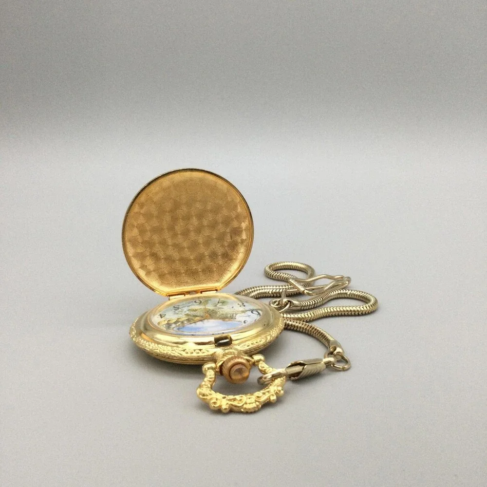 Bass Fish Pocket Key Ring Watch Mens 47mm Gold Tone Chain Fish Dial New Battery